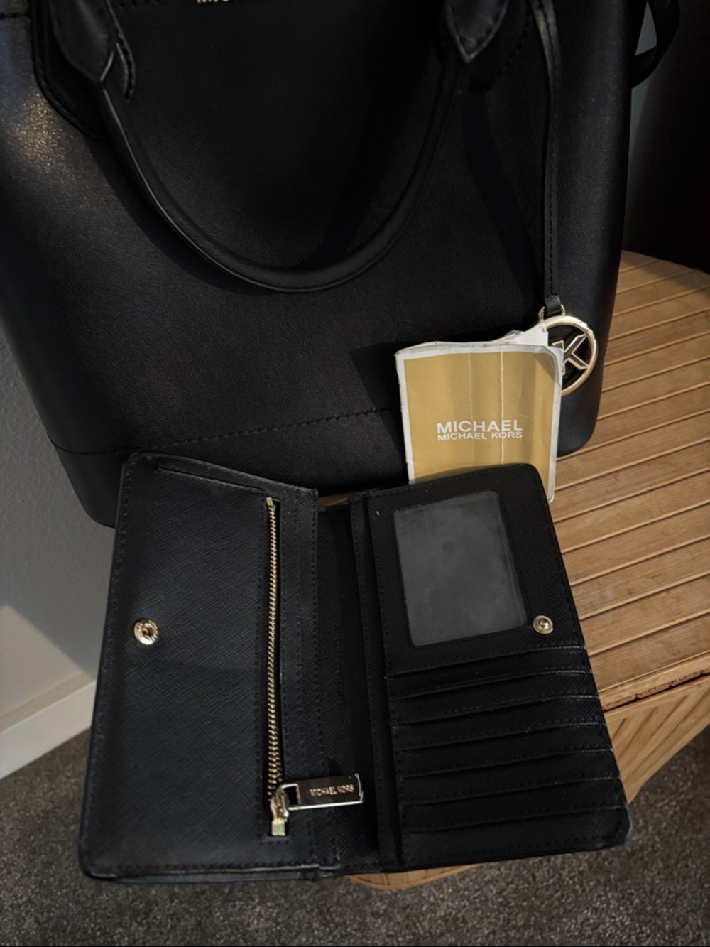 Michael Kors Black Leather Satchel with Gold Accents and Matching Wallet - Picture 3 of 3